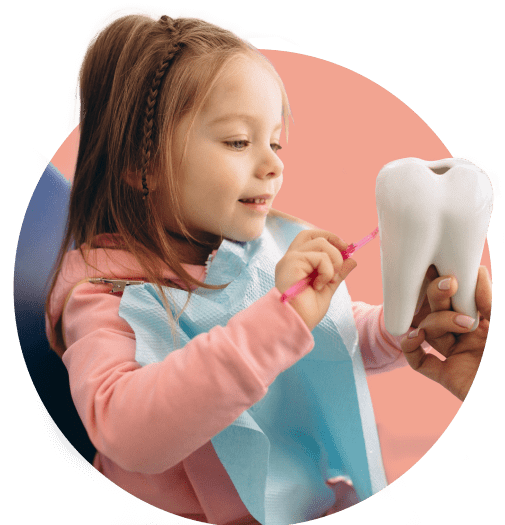Girl in a dental chair holding a plastic tooth and toothbrush