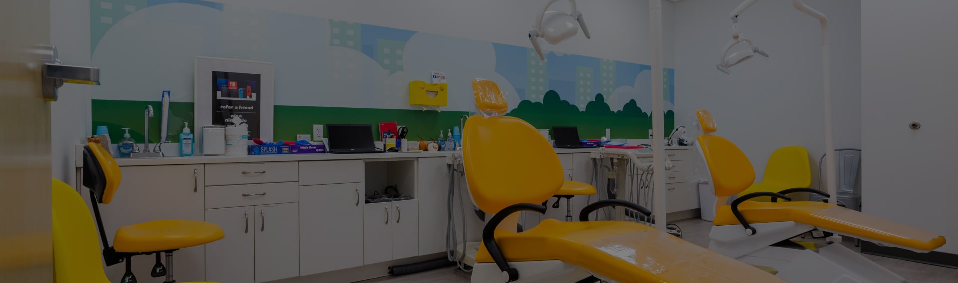 Dentist cabinet with yellow chairs